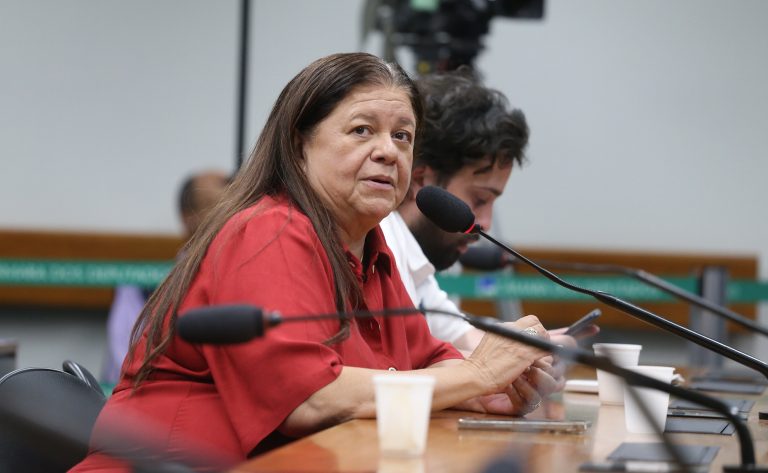 Deputada Laura Carneiro fala ao microfone. Ela é branca, tem o cabelo comprido e escuro, veste uma blusa vermelha