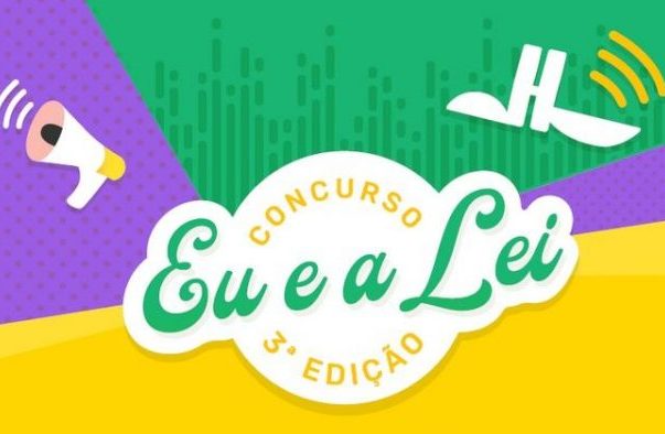 Desenho de um megafone e do prédio do Congresso num fundo colorido, no centro está escrito: Concurso Eu e a Lei 3ª edição