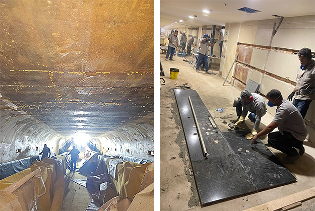 Troca do carpete no chão e no teto do túnel e colocação de piso em corredor de comissões