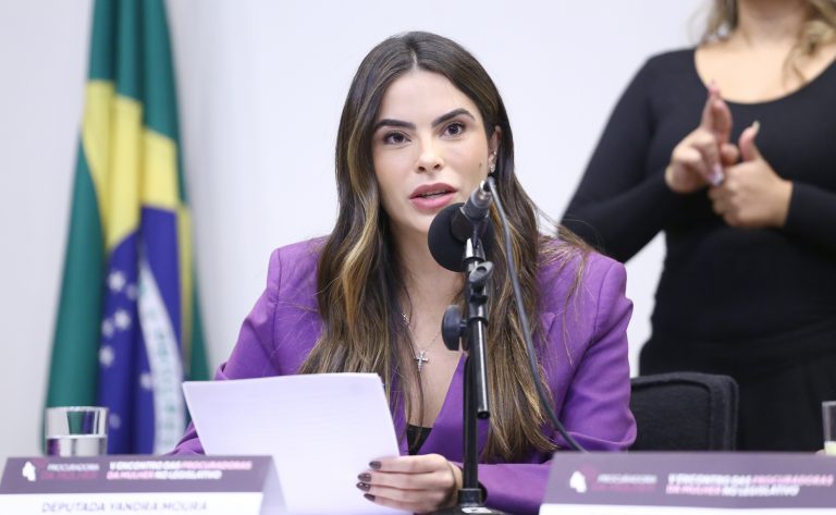 Deputada Yandra Moura fala ao microfone. Ela é uma mulher branca, tem cabelo longo, liso e castanho, veste um blazer roxo e segura um papel